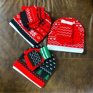 Lot or Bundle of Hats and Gloves adult size Christmas winter cozy red green